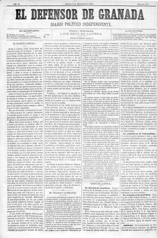 'El Defensor de Granada  : diario político independiente' - Año II Número 335  - 1881 Septiembre 03