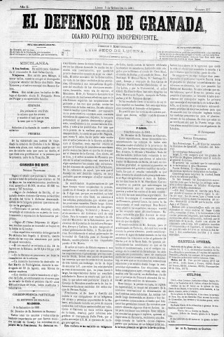 'El Defensor de Granada  : diario político independiente' - Año II Número 337  - 1881 Septiembre 05