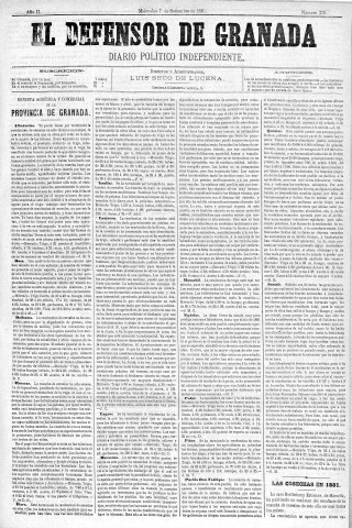 'El Defensor de Granada  : diario político independiente' - Año II Número 339  - 1881 Septiembre 07