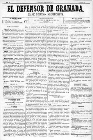'El Defensor de Granada  : diario político independiente' - Año II Número 341  - 1881 Septiembre 09