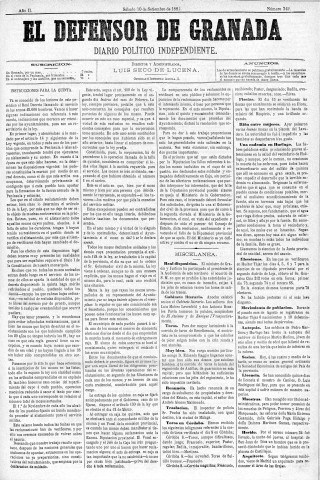 'El Defensor de Granada  : diario político independiente' - Año II Número 342  - 1881 Septiembre 10