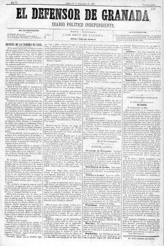 'El Defensor de Granada  : diario político independiente' - Año II Número 351  - 1881 Septiembre 19
