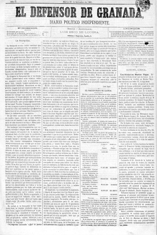 'El Defensor de Granada  : diario político independiente' - Año II Número 352  - 1881 Septiembre 20