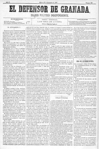 'El Defensor de Granada  : diario político independiente' - Año II Número 359  - 1881 Septiembre 27