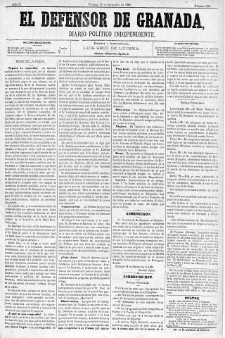 'El Defensor de Granada  : diario político independiente' - Año II Número 362  - 1881 Septiembre 30