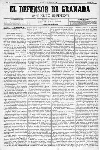 'El Defensor de Granada  : diario político independiente' - Año II Número 363  - 1881 Octubre 01