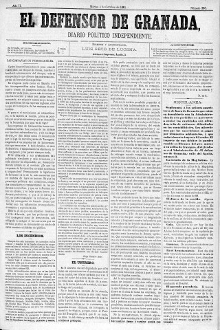 'El Defensor de Granada  : diario político independiente' - Año II Número 366  - 1881 Octubre 04