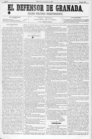'El Defensor de Granada  : diario político independiente' - Año II Número 367  - 1881 Octubre 05