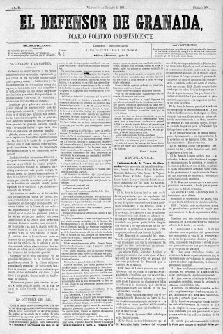 'El Defensor de Granada  : diario político independiente' - Año II Número 376  - 1881 Octubre 14