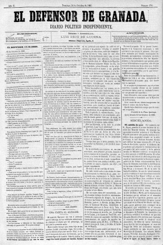 'El Defensor de Granada  : diario político independiente' - Año II Número 378  - 1881 Octubre 16