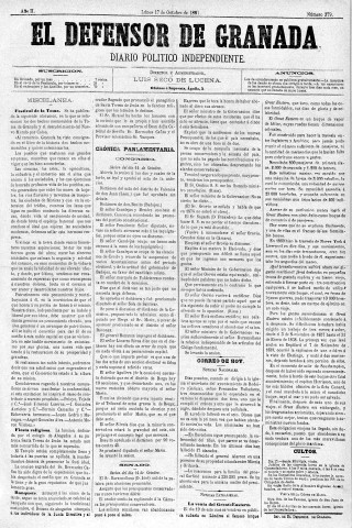 'El Defensor de Granada  : diario político independiente' - Año II Número 379  - 1881 Octubre 17