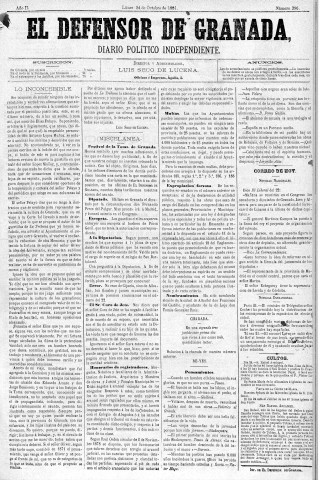 'El Defensor de Granada  : diario político independiente' - Año II Número 386  - 1881 Octubre 24