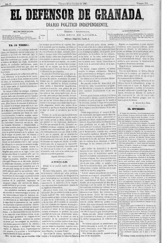 'El Defensor de Granada  : diario político independiente' - Año II Número 390  - 1881 Octubre 28