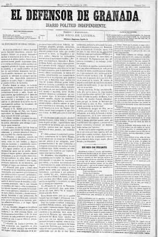 'El Defensor de Granada  : diario político independiente' - Año II Número 394  - 1881 Noviembre 01