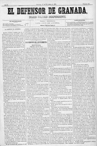'El Defensor de Granada  : diario político independiente' - Año II Número 420  - 1881 Noviembre 27