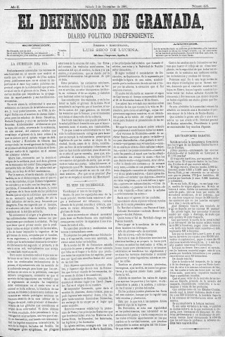 'El Defensor de Granada  : diario político independiente' - Año II Número 426  - 1881 Diciembre 03