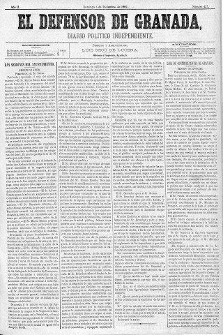 'El Defensor de Granada  : diario político independiente' - Año II Número 427  - 1881 Diciembre 04