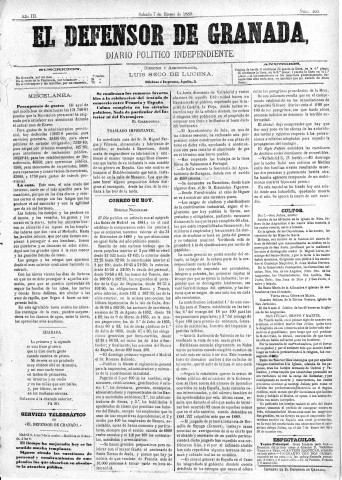 'El Defensor de Granada  : diario político independiente' - Año III Número 460  - 1882 Enero 07