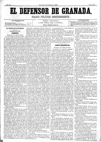 'El Defensor de Granada  : diario político independiente' - Año III Número 503  - 1882 Febrero 19