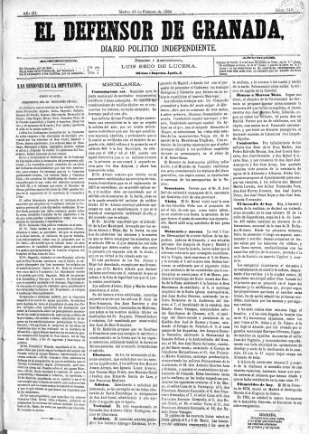 'El Defensor de Granada  : diario político independiente' - Año III Número 512  - 1882 Febrero 28