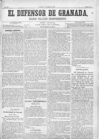 'El Defensor de Granada  : diario político independiente' - Año III Número 544  - 1882 Abril 01