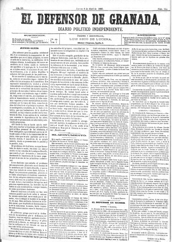 'El Defensor de Granada  : diario político independiente' - Año III Número 549  - 1882 Abril 06