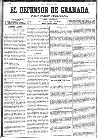 'El Defensor de Granada  : diario político independiente' - Año III Número 550  - 1882 Abril 07