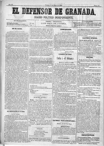 'El Defensor de Granada  : diario político independiente' - Año III Número 591  - 1882 Mayo 19