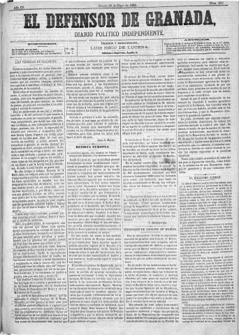 'El Defensor de Granada  : diario político independiente' - Año III Número 592  - 1882 Mayo 20