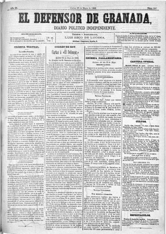 'El Defensor de Granada  : diario político independiente' - Año III Número 597  - 1882 Mayo 25
