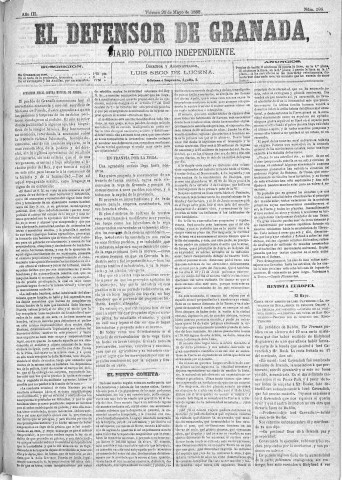 'El Defensor de Granada  : diario político independiente' - Año III Número 598  - 1882 Mayo 26