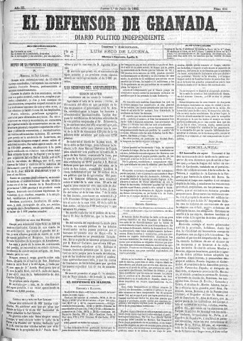 'El Defensor de Granada  : diario político independiente' - Año III Número 604  - 1882 Junio 01