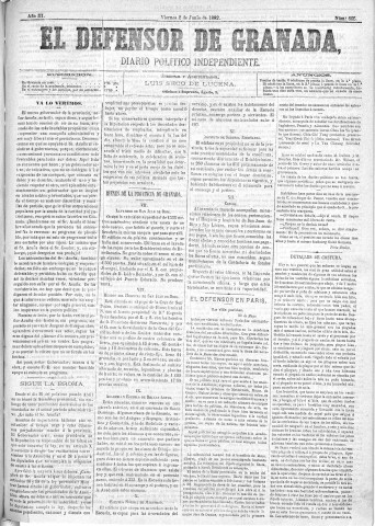 'El Defensor de Granada  : diario político independiente' - Año III Número 605  - 1882 Junio 02