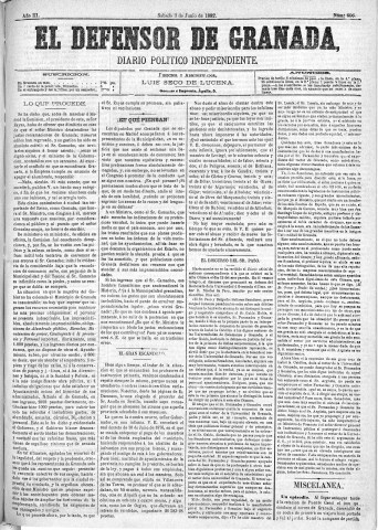'El Defensor de Granada  : diario político independiente' - Año III Número 606  - 1882 Junio 03