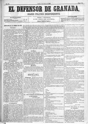 'El Defensor de Granada  : diario político independiente' - Año III Número 608  - 1882 Junio 05