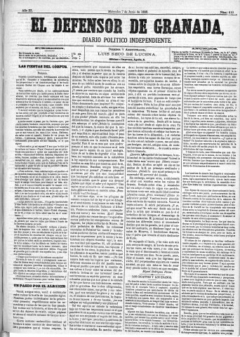 'El Defensor de Granada  : diario político independiente' - Año III Número 610  - 1882 Junio 07