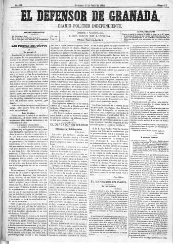 'El Defensor de Granada  : diario político independiente' - Año III Número 613  - 1882 Junio 11