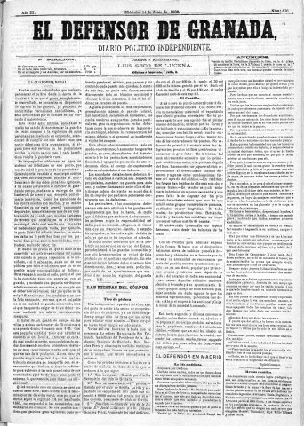 'El Defensor de Granada  : diario político independiente' - Año III Número 616  - 1882 Junio 14