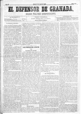 'El Defensor de Granada  : diario político independiente' - Año III Número 619  - 1882 Junio 17