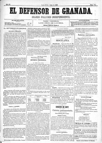 'El Defensor de Granada  : diario político independiente' - Año III Número 628  - 1882 Junio 26