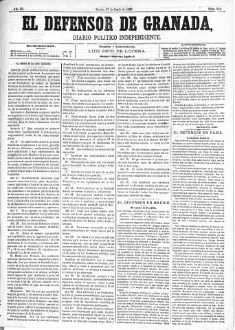 'El Defensor de Granada  : diario político independiente' - Año III Número 629  - 1882 Junio 27
