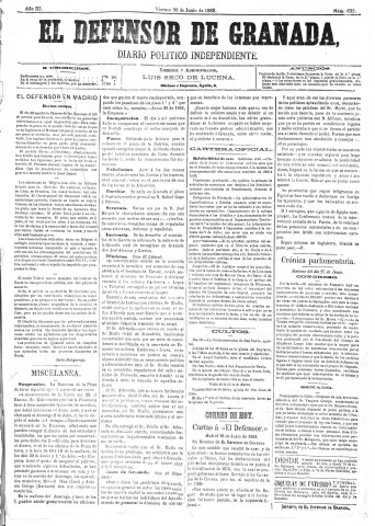 'El Defensor de Granada  : diario político independiente' - Año III Número 632  - 1882 Junio 30