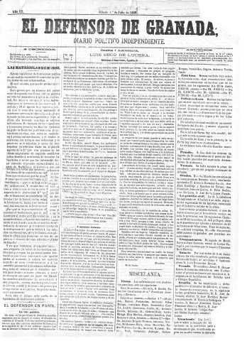 'El Defensor de Granada  : diario político independiente' - Año III Número 633  - 1882 Julio 01