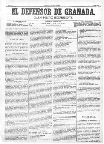 'El Defensor de Granada  : diario político independiente' - Año III Número 634  - 1882 Julio 02
