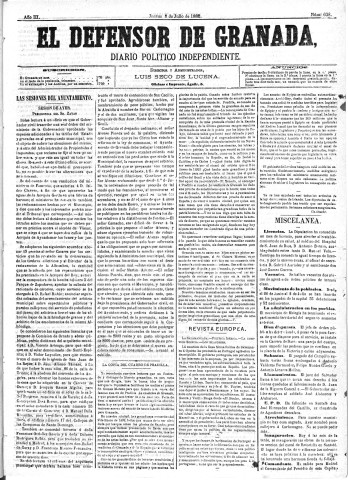 'El Defensor de Granada  : diario político independiente' - Año III Número 638  - 1882 Julio 06