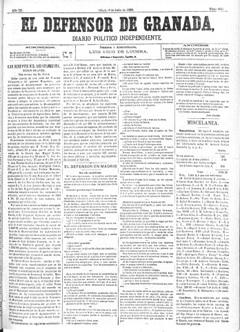 'El Defensor de Granada  : diario político independiente' - Año III Número 640  - 1882 Julio 08