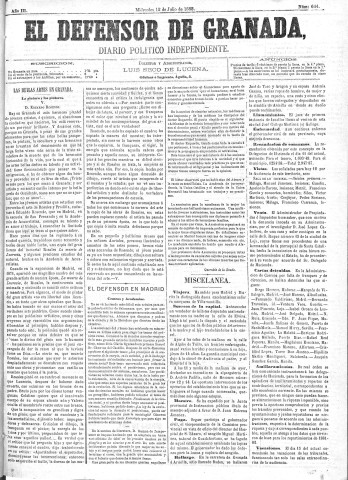 'El Defensor de Granada  : diario político independiente' - Año III Número 644  - 1882 Julio 12