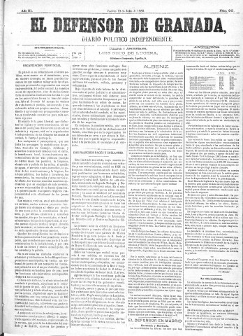 'El Defensor de Granada  : diario político independiente' - Año III Número 645  - 1882 Julio 13