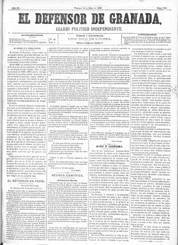 'El Defensor de Granada  : diario político independiente' - Año III Número 646  - 1882 Julio 14
