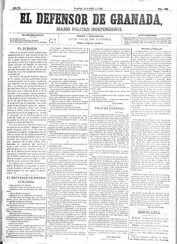 'El Defensor de Granada  : diario político independiente' - Año III Número 648  - 1882 Julio 16